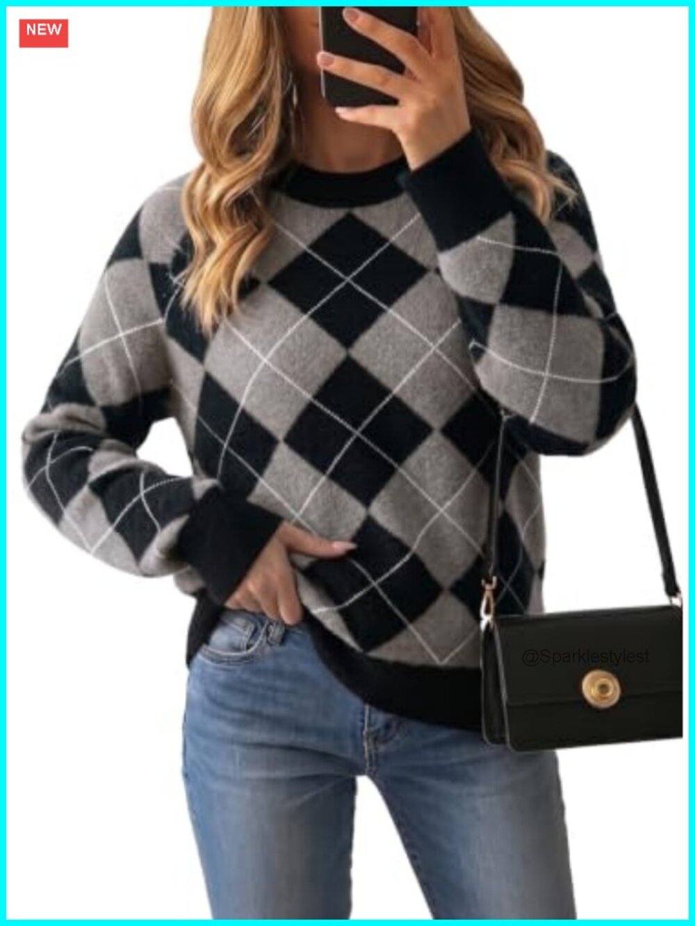 Womens Argyle Colorblock Pullover Sweater Loose Long Sleeve Round Neck
